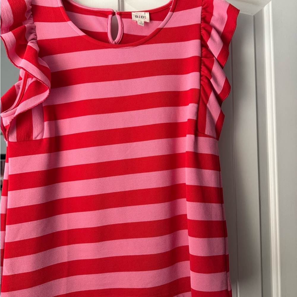 Pink and Red Striped Ruffle Blouse